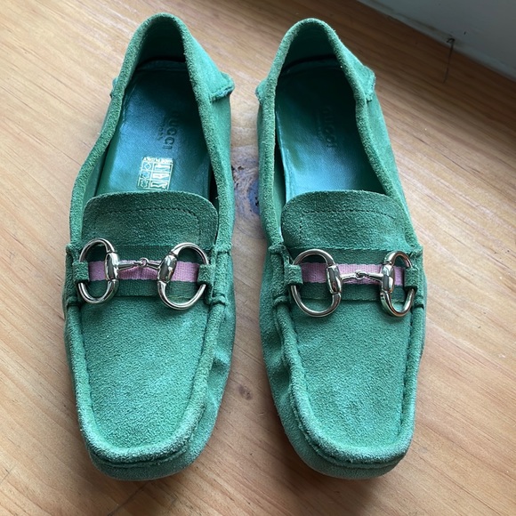 Gucci Shoes - Gucci Green Suede Horsebit Moccasins with Pink Accent